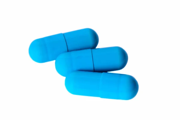 Τρεις Κάψουλες Μπλε Φαρμάκου Που Απομονώνονται Λευκό Φόντο Συμπλήρωμα Διατροφής — Φωτογραφία Αρχείου