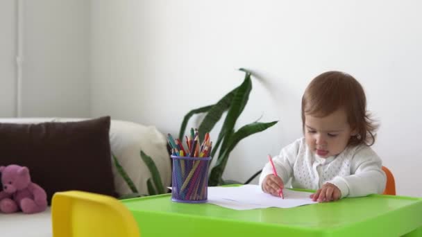 Edukacja kaukaskie małe dziecko córka szczęśliwy śmieszne dziecko kręcone dziewczynka z rysunkami przy stole. skoncentrowany twórczy maluch pisze kolorowymi ołówkami na papierowym pokoju dziecięcym. hobby w domu — Wideo stockowe