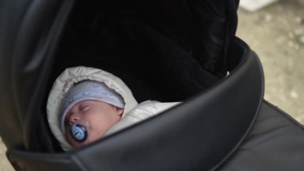 Kindheit, Kindheit, Winter. Nahaufnahme Kleines Baby schläft in warmer Daunenjacke im schwarzen Kinderwagen. Mutter geht schlafenden Säugling im Kinderwagen im Hof bei kaltem Herbstwetter draußen im Straßenpark ein — Stockvideo