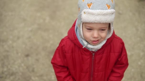 Close-up Portrait of European little preschool boy in gray knitted hat red jacket smiling look at camera. Emotionally child upset sad dream posing cover eyes with hands, waves hello outside Autumn — Stock Video