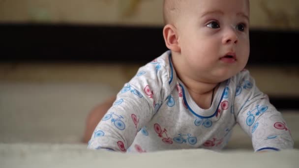 갓 태어난 능동 아기 Cute Smiling Teethless Face Portrait Early Days On Stomach Developing Neck Control. 5 개월된 아이가 흰색 침대에서 카메라를 보고 있습니다. 아기, 출산, 부모로서의 역할, 개념의 시작 — 비디오