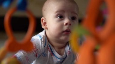 Yenidoğan Aktif Bebek Sevimli Gülümseyen Dişsiz Yüz Portresi Mide Gelişen Boyun Kontrolü Üzerine İlk Günler. 5 aylık çocuk oyun parkında oyuncakları kemiriyor. Kameraya bak. Bebek, Doğum, Başlangıç Konsepti