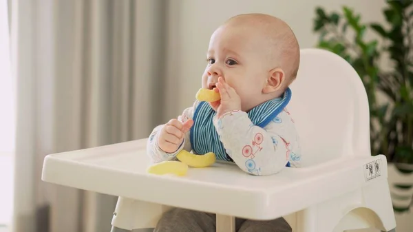 Mãe alimenta o bebê jovem em branco alimentando-se de cadeira alta, primeiro suplemento purê de legumes Criança sorridente feliz comer pela primeira vez, criança com rosto sujo, menino pequeno comendo nutrição mingau de cereal Fotografia De Stock