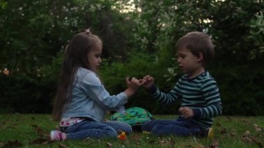 Friends selfie. Excited young children playing pat a cake on grass meadow. Little brother and sister monkeying on camera kissing. Family siblings play together outside in park garden summer holidays