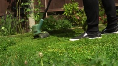 Çim biçme makinesi çim biçiyor. Çim biçme makinesinden çıkan küçük yeşil çim biçme makineleri peyzajcılar tarafından itilip kakılıyor. Bahçıvan Adam Sunny Day 'in dışındaki bahçede çim biçme makinesiyle çalışıyor. Doğa Ailesi, İş