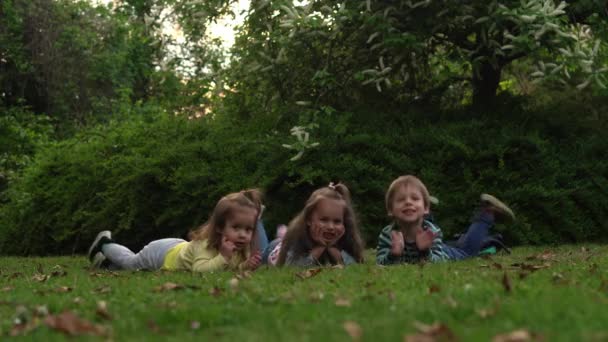 Barátok szelfi. Izgatott kisgyerekek testvérei fekszenek a füves réten. A kisöcséd és a nővéred csókolóznak a kamerában. Családi testvérek játszanak együtt kívül park kert nyári szünidő — Stock videók