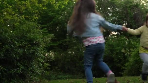 Arkadaşlar heyecanlı küçük çocuklar dans ediyorlar çim çayırında eğleniyorlar. İki kız kardeş el ele öpüşerek dönüyor. Aile üyeleri yaz tatilinde parkta birlikte oynarlar. — Stok video