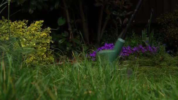 Lawn mower cutting grass. Small Green grass cuttings fly out of lawnmower pushed around by landscaper. Close Up Gardener Man working with mower machine in Garden Outside Sunny Day. Nature Family, Work — Stock video