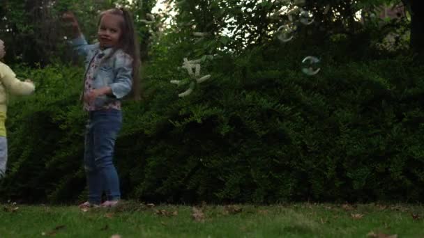 Happy family mother, two Three little siblings kids are blowing soap bubbles and enjoying summer holidays in garden or park . Smiling parents children are spending leisure time together evening sunset – Stock-video