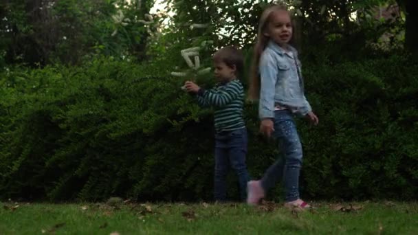 Mãe de família feliz, dois três irmãos mais novos crianças estão soprando bolhas de sabão e desfrutando de férias de verão no jardim ou parque. Sorrindo pais filhos estão passando o tempo de lazer juntos pôr do sol da noite — Vídeo de Stock