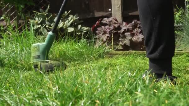 Lawn mower cutting grass. Small Green grass cuttings fly out of lawnmower pushed around by landscaper. Close Up Gardener Man working with mower machine in Garden Outside Sunny Day. Nature Family, Work — Stock Video