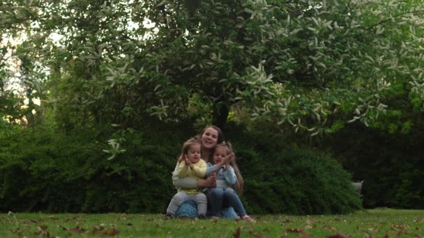 Happy family mother, two Three little siblings kids playing running hug kiss mom enjoying summer holidays in garden or park. Smiling parents children are spending leisure time together evening sunset — Stok Video