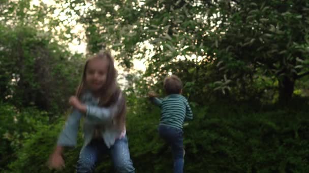 Friends Excited young children siblings Dancing have fun on grass meadow. Little brother and sister monkeying on camera kissing. Family siblings play together outside in park garden summer holidays – stockvideo