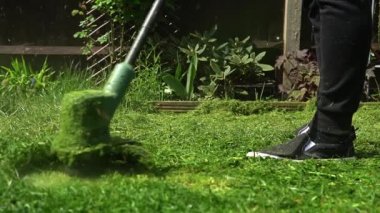 Çim biçme makinesi çim biçiyor. Çim biçme makinesinden çıkan küçük yeşil çim biçme makineleri peyzajcılar tarafından itilip kakılıyor. Ağır çekim. Bahçıvan adam bahçe bahçesinde çim biçme makinesiyle çalışıyor. Aile, iş.