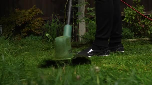 Lawn mower cutting grass. Small Green grass cuttings fly out of lawnmower pushed around by landscaper. Close Up Gardener Man working with mower machine in Garden Outside Sunny Day. Nature Family, Work — Stockvideo