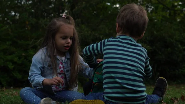 Les amis jouent avec les jouets Les jeunes enfants excités jouent allongés sur la prairie d'herbe. Petit frère et sœur singe devant la caméra et s'embrassant. Famille frères et sœurs jouent ensemble à l'extérieur dans le parc jardin été — Photo