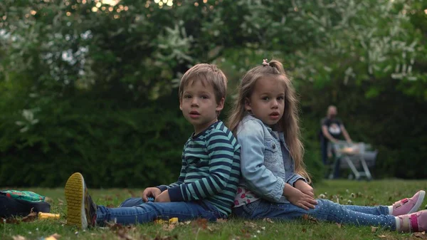 Freunde-Selfie. Aufgeregte Kleinkinder spielen auf der Wiese liegend. Kleine Geschwister, die vor der Kamera stehen und sich küssen. Geschwister der Familie spielen in den Sommerferien gemeinsam im Park — Stockfoto