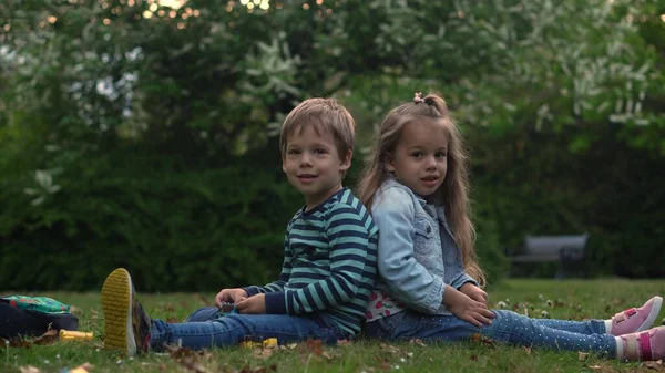 Friends selfie. Excited young children playing lying on grass meadow. Little brother and sister monkeying on camera and kissing. Family siblings play together outside in park garden summer holidays.