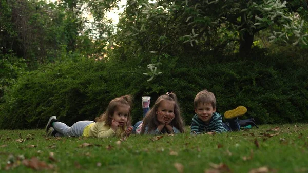 Friends Selfie Excited Young Children Siblings Laying Grass Meadow Little — стоковое фото