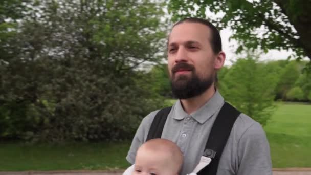 Fatherhood Young Dad Holding Sling Little Happy Smiling Infant Son — Stock Video