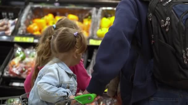 Belanja Daftar Krisis Makanan Konsep Ayah Dengan Dua Anak Perempuan — Stok Video