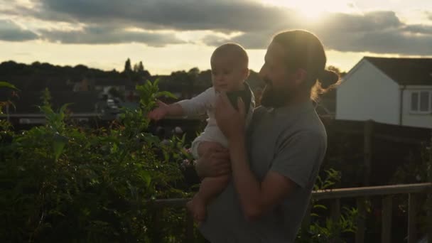 Happy Father Holding Adorable Baby Boy Embracing Kissing Smiling Dad — Video Stock