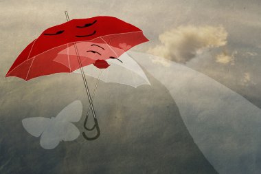 Kağıt doku gökte uçan çift şemsiye seven düğün