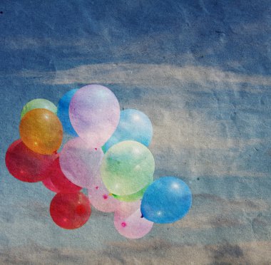 Balloons in the sky, vintage, texture crumpled paper, vintage clipart