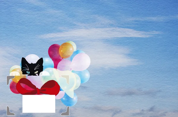 Cartão de aniversário, desenhando um gatinho com um presente, balões no céu — Fotografia de Stock