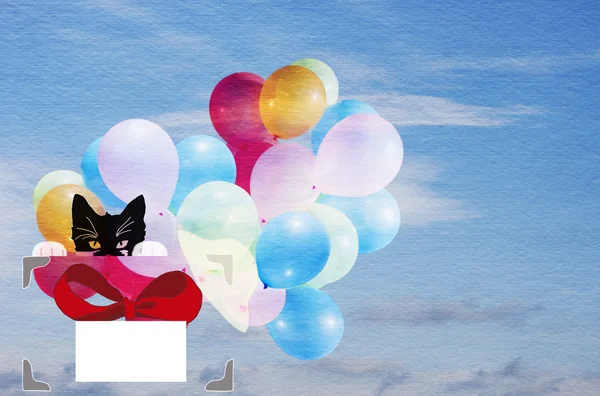 birthday card, drawing a kitten with a gift, balloons in the sky