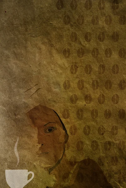 Taza de café y una mujer, textura vintage de papel arrugado — Foto de Stock
