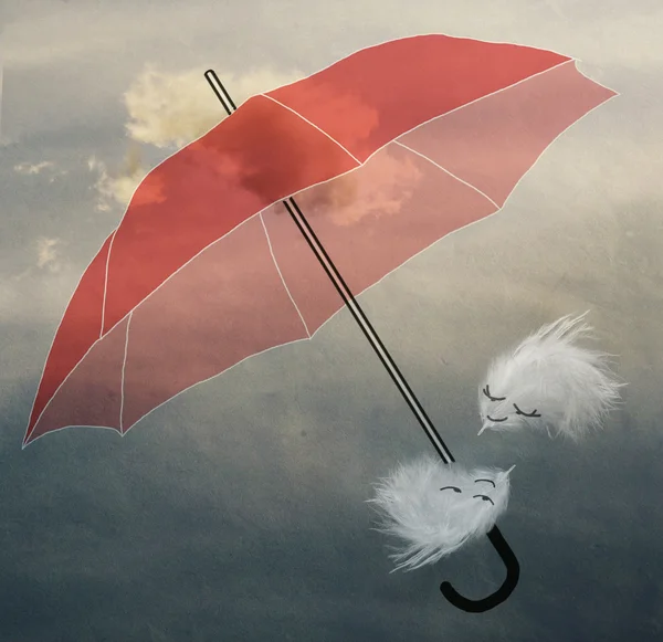 Couple in love fluff flying in the sky under the umbrella, paper texture — Stock Photo, Image