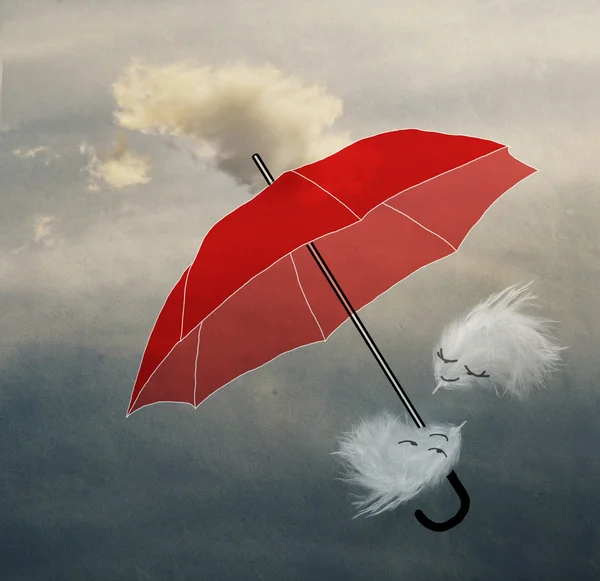 Couple in love fluff flying in the sky under the umbrella, paper texture — Stock Photo, Image