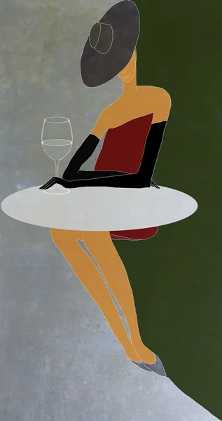 Ragazza si siede a un tavolo con un drink in un caffè — Foto Stock