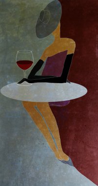 Kız bir restoranda kırmızı şarap ile bir masada oturuyor.