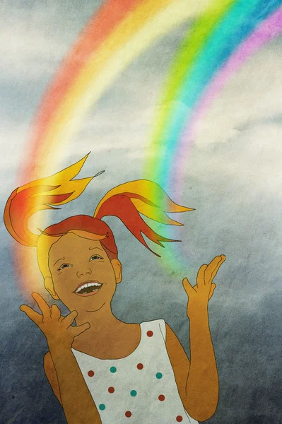 Skrattande flicka händer lanserar rainbow, vintage — Stockfoto