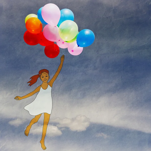 Flicka med ballonger flyger genom skyn — Stockfoto