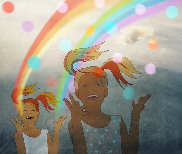 Laughing girl hands launches rainbow, carnival — Stock Photo, Image