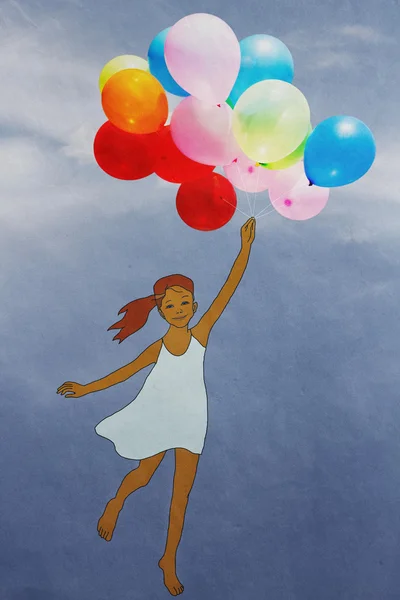 Meisje met ballonnen vliegen door de lucht — Stockfoto