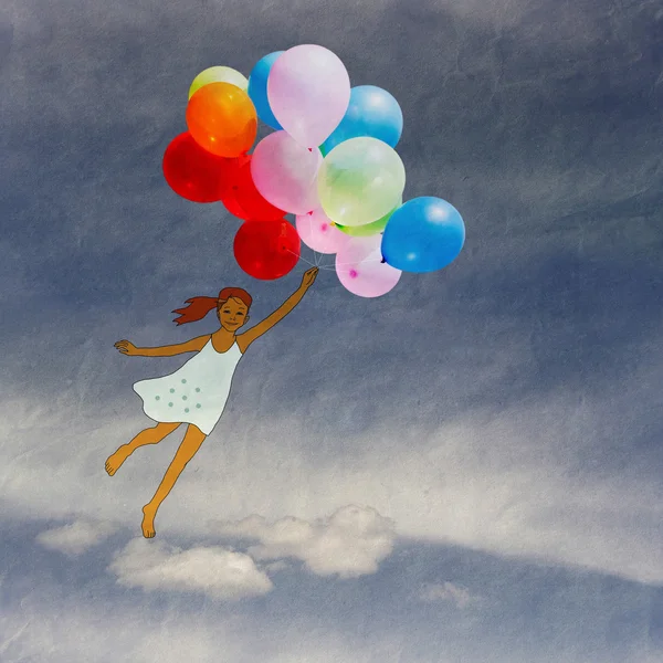 Mädchen mit Luftballons fliegen durch den Himmel — Stockfoto