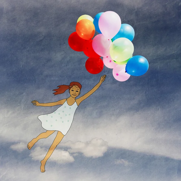 Mädchen mit Luftballons fliegen durch den Himmel — Stockfoto
