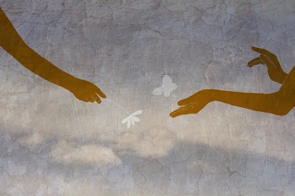 Hands couple in love, hands of children against the sky with a cloud, vintage
