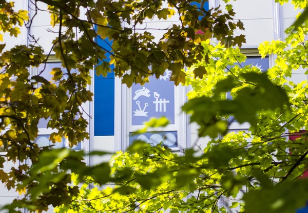 Vue sur les fenêtres École primaire à travers les arbres — Photo