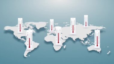 Termometreli dünya haritası, kıtanın küresel ısınma kavramı, uluslararası sorunun soyut video arkaplanı