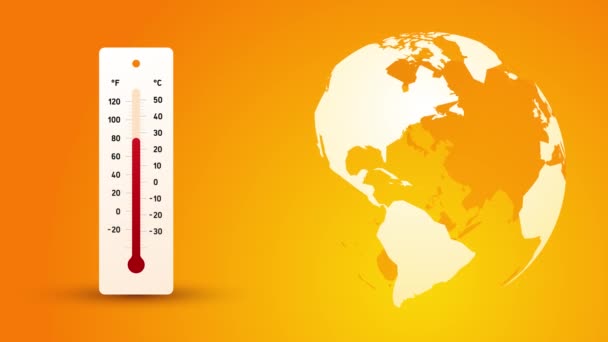 Глобальное Потепление Вращающаяся Планета Земля Повышение Температуры Термометре Жаркая Летняя — стоковое видео