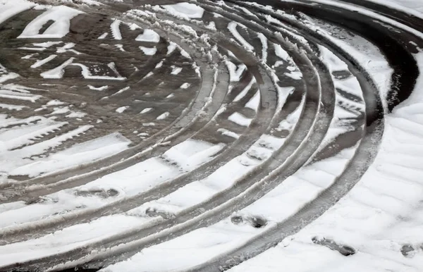 Wheel Tracks Winter Road Covered Snow Wet Melting Snow Thaw — Stock Photo, Image