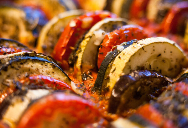 Ratatouille. French traditional stewed vegetable dish. Vegetarian food. Close-up.