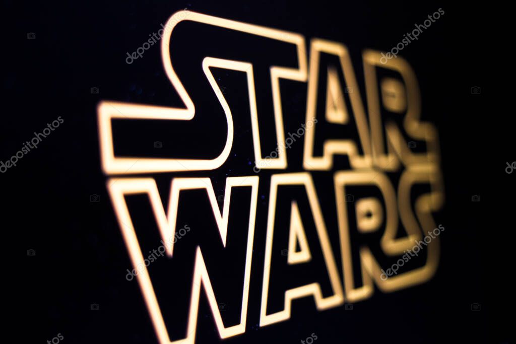 Kyiv, Ukraine -  March 9, 2021: Star Wars logo on the screen. Star Wars is an American epic space media franchise which is a worldwide pop-culture phenomenon.