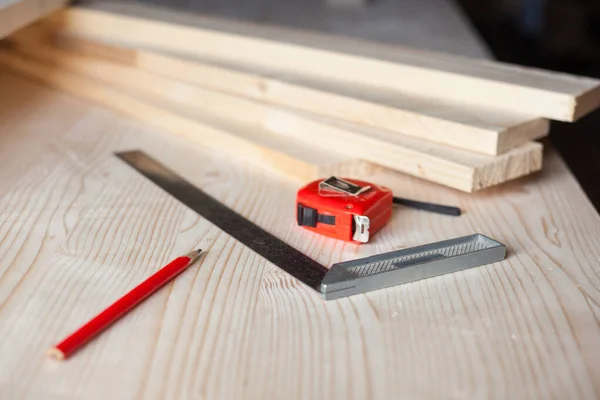 Measuring Tape Square Pencil Tools Measuring Joiner Carpenter Workshop Close — Stockfoto