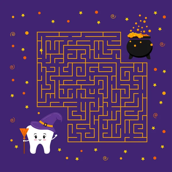 Halloween labirintus játék fog boszorkány és üst. — Stock Vector
